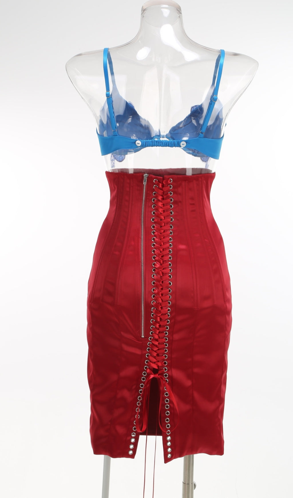 AIIZIE BLUE LACE BRALETTE AND RED SATIN PENCIL SKIRT SET - product image