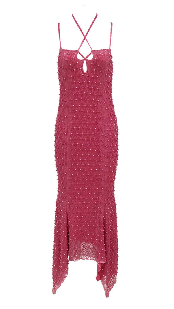 AIIZIE PEARL - EMBELLISHED CRISS - CROSS BACK ASYMMETRIC MIDI DRESS IN PINK - product image