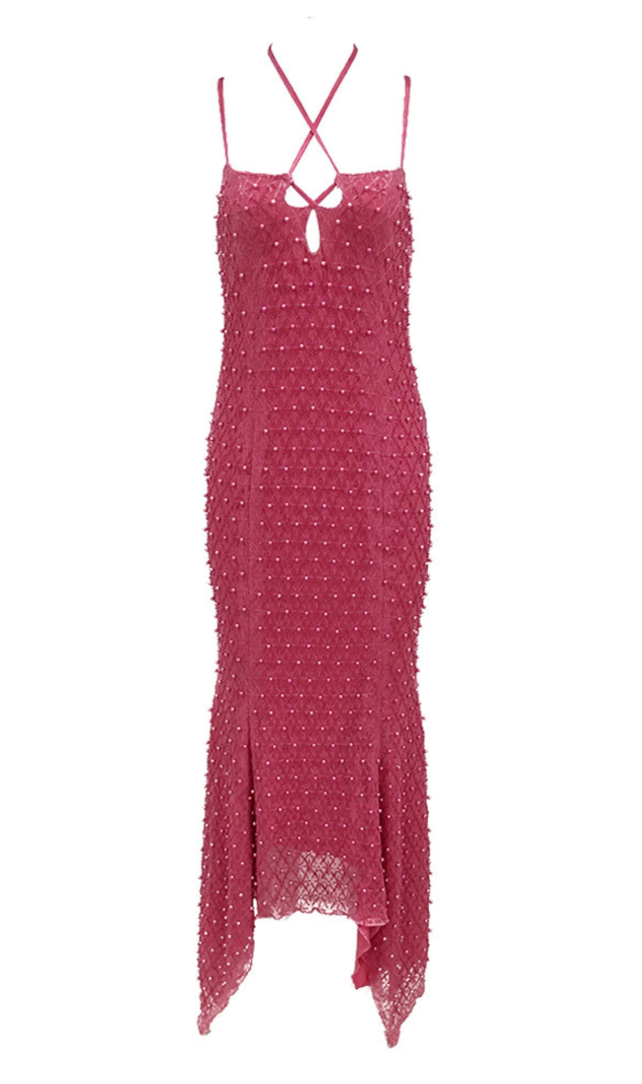 Pearl - Embellished Criss - Cross Back Asymmetric Midi Dress in Pink