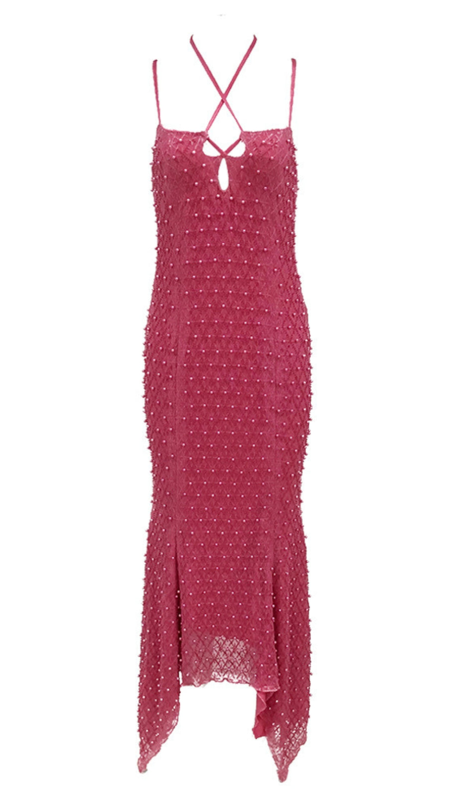 PEARL - EMBELLISHED CRISS - CROSS BACK ASYMMETRIC MIDI DRESS IN PINK