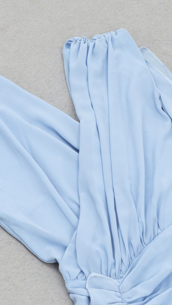 AIIZIE WRAP - FRONT RUCHED ASYMMETRIC MIDI DRESS IN LIGHT BLUE - product image