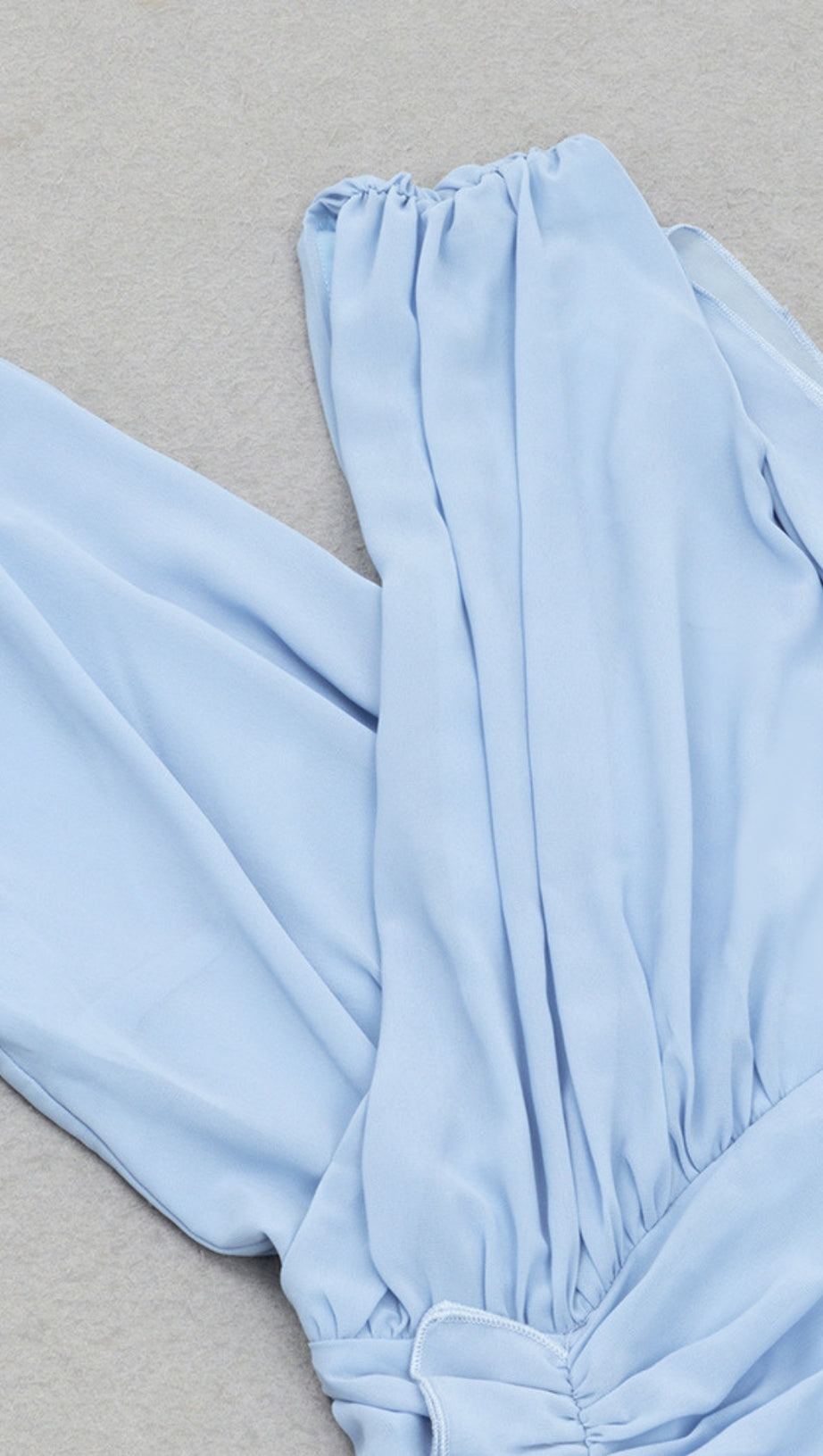 WRAP - FRONT RUCHED ASYMMETRIC MIDI DRESS IN LIGHT BLUE