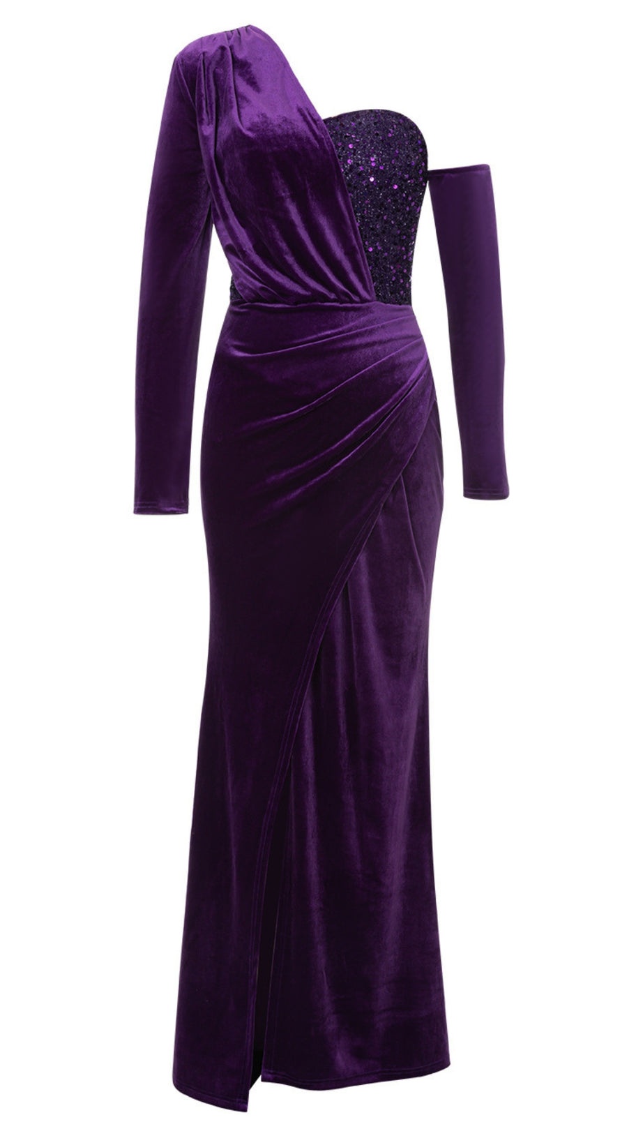 VELVET ONE - SHOULDER SEQUIN - EMBELLISHED MERMAID GOWN IN PURPLE