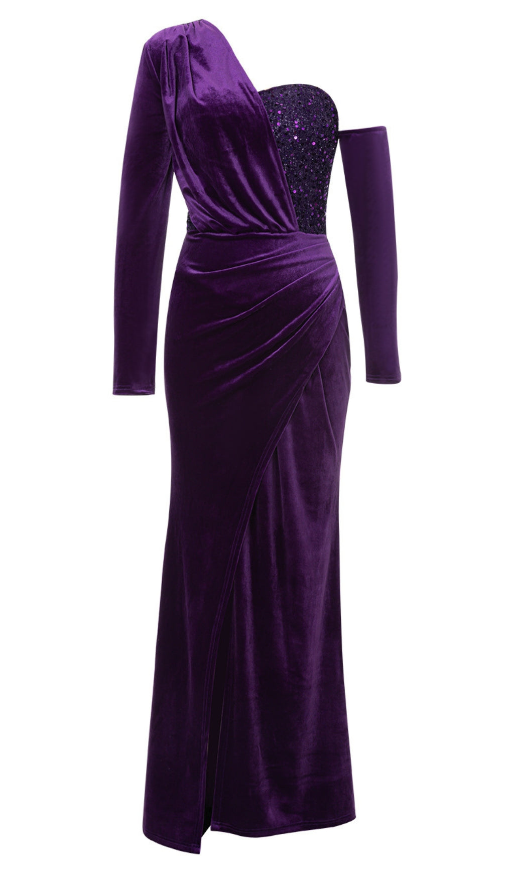 VELVET ONE - SHOULDER SEQUIN - EMBELLISHED MERMAID GOWN IN PURPLE