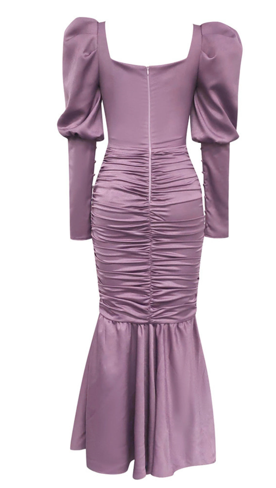 PUFF - SLEEVE RUCHED MERMAID MAXI DRESS IN LILAC