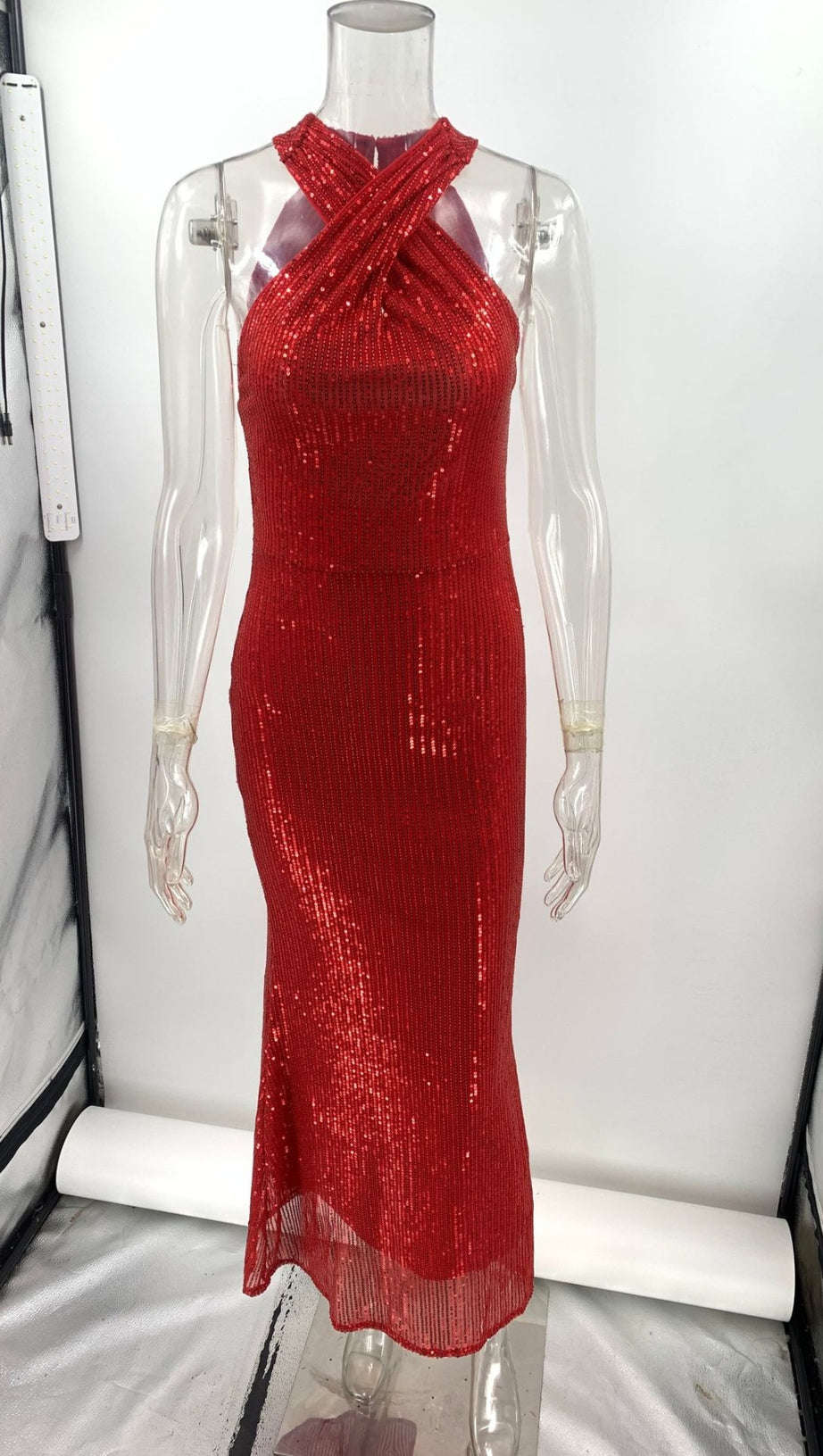 SEQUIN - EMBELLISHED CROSS - HALTER MERMAID MIDI DRESS IN RED