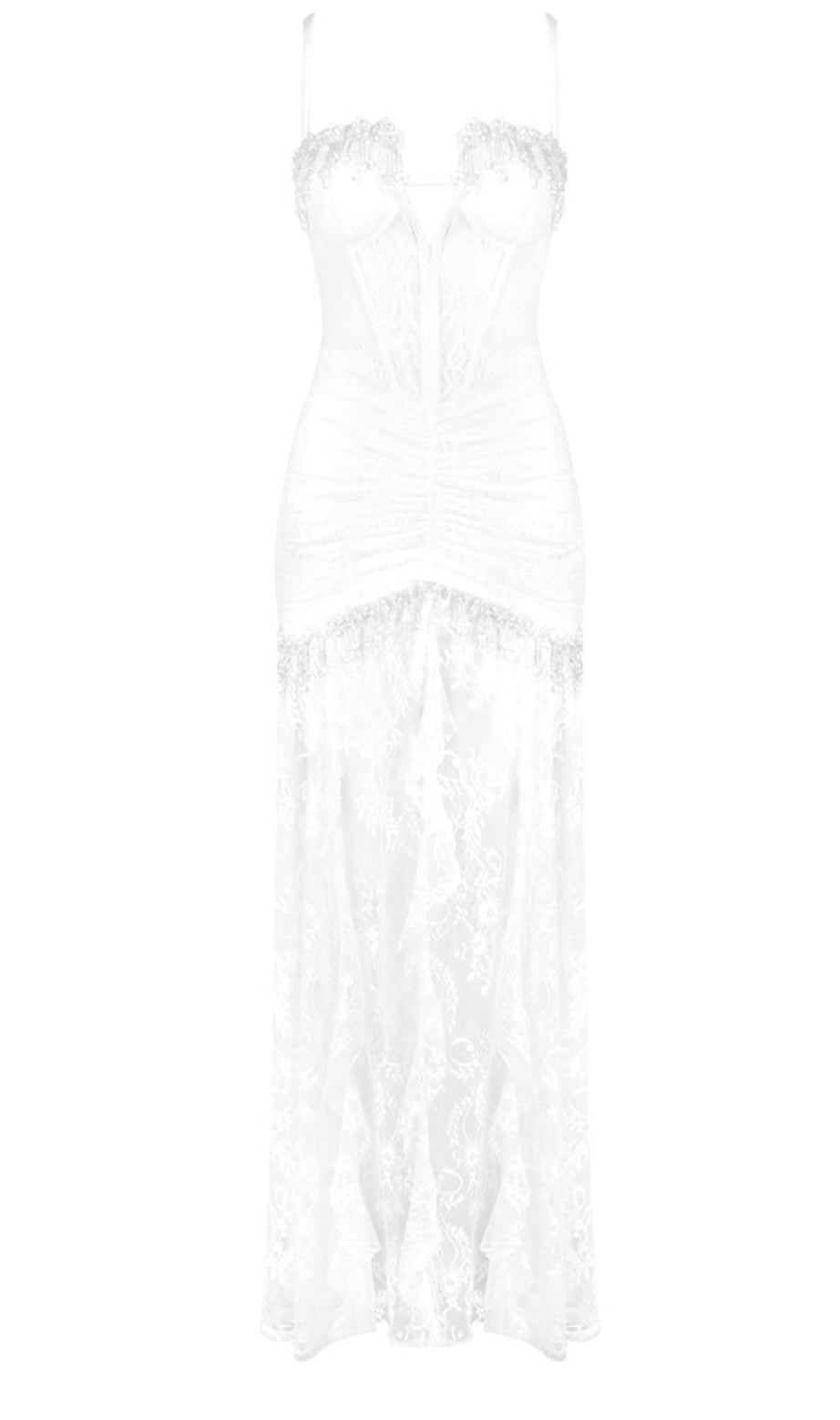 Abito lungo in pizzo con bustier e perline senza spalline, bianco