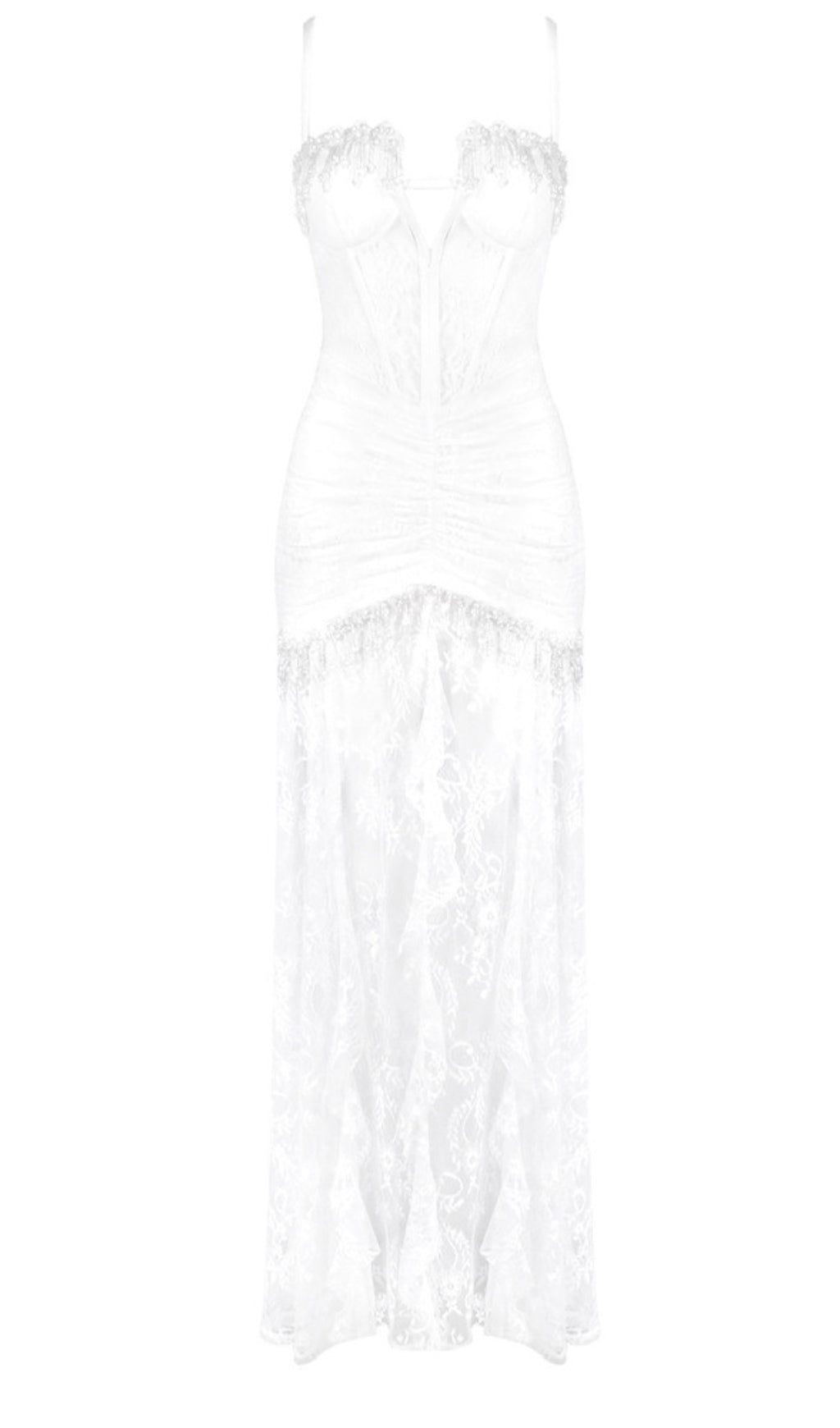 STRAPLESS BEADED BUSTIER LACE MAXI DRESS IN WHITE