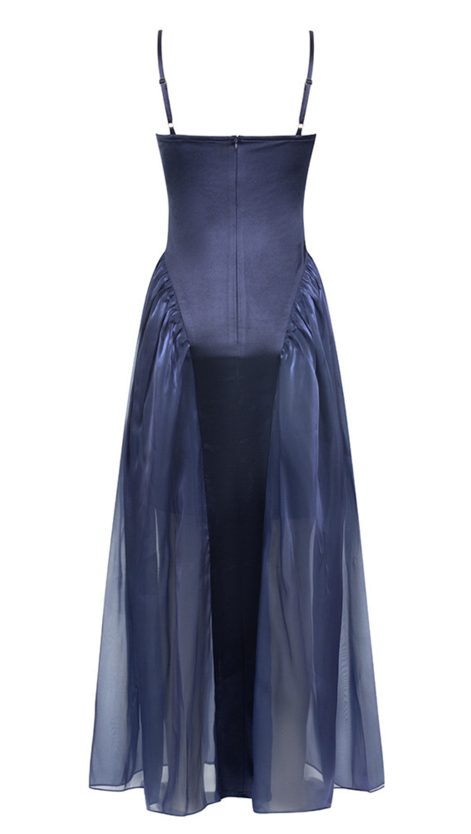 SATIN BOW - FRONT SHEER - SKIRT MIDI DRESS IN NAVY BLUE