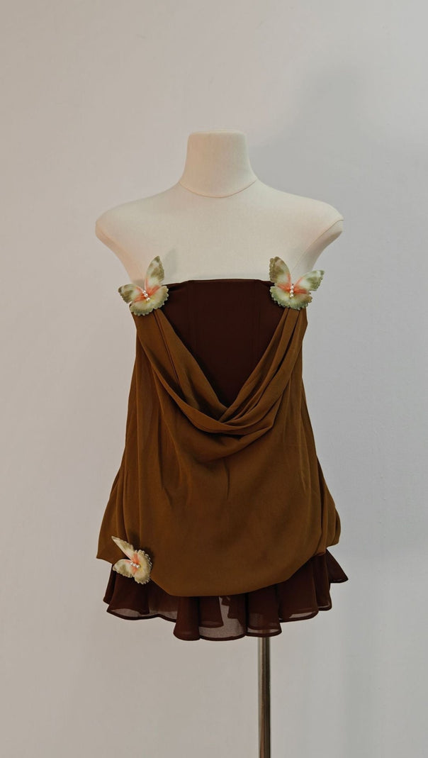 AIIZIE BROWN 3D BUTTERFLY FISHBONE TUNIC TOP MINI SKIRT SET - product image