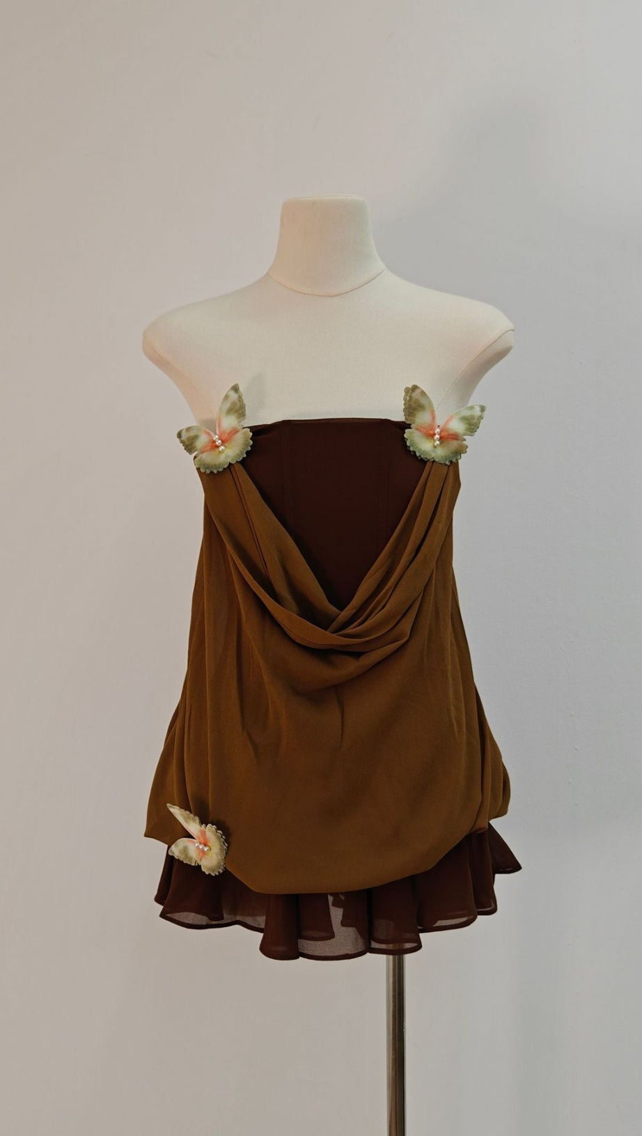 BROWN 3D BUTTERFLY FISHBONE TUNIC TOP MINI SKIRT SET