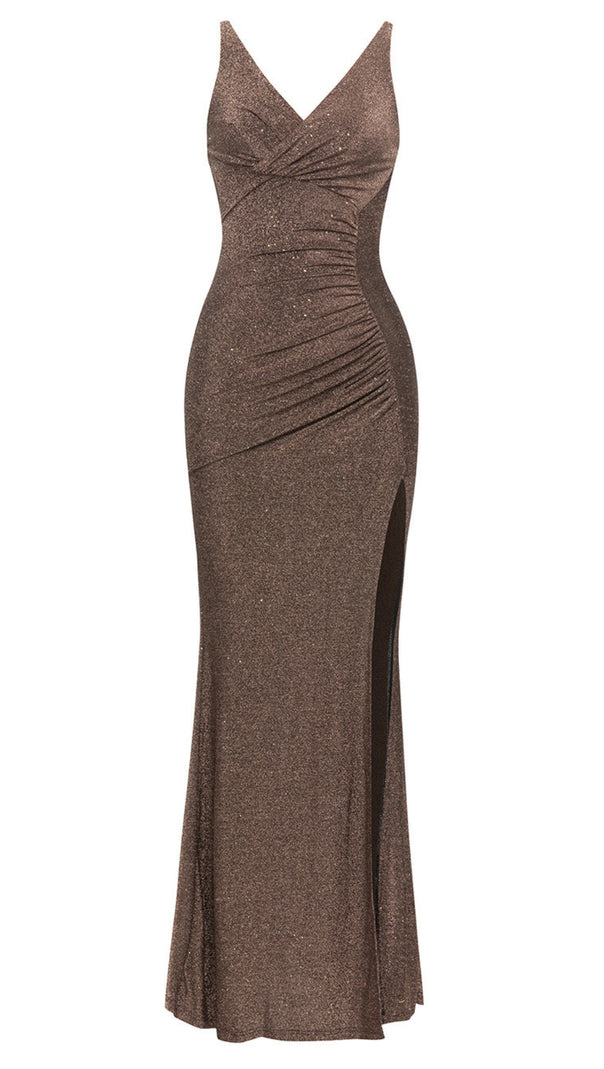AIIZIE GLITTER RUCHED SLIT MAXI DRESS IN BRONZE - product image