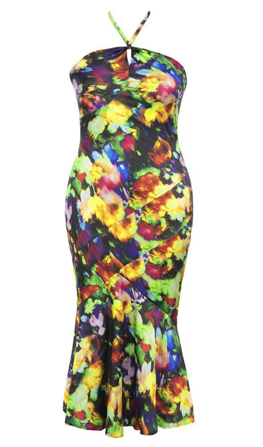 COLORFUL FLORAL HALTER NECK RUFFLED MIDI DRESS