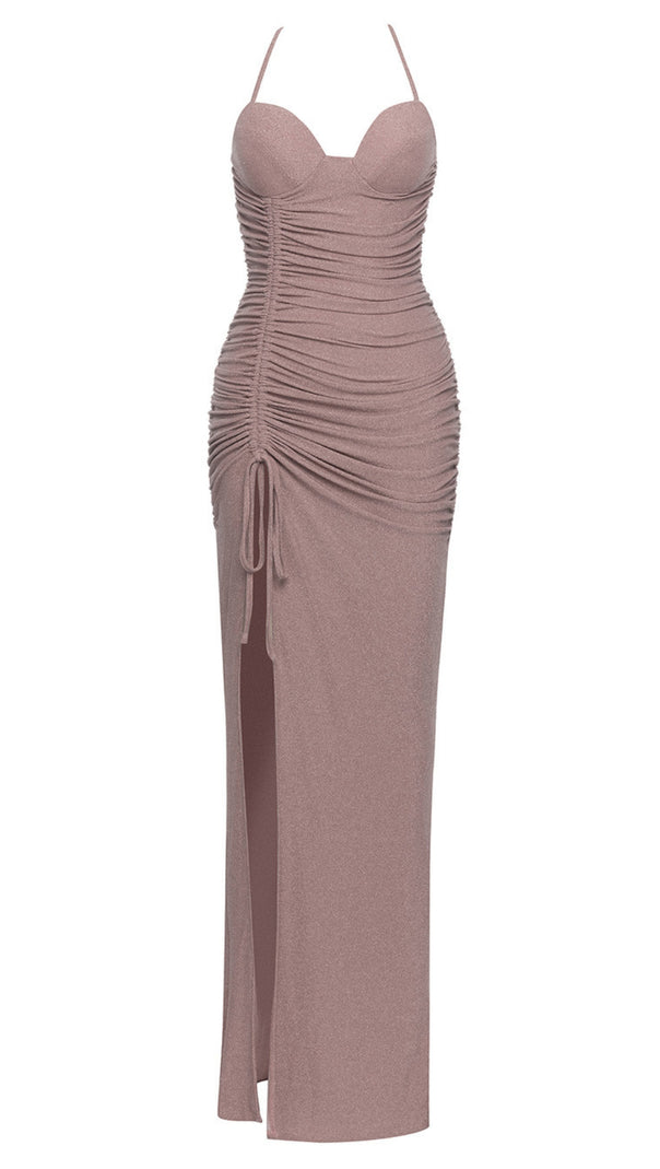 AIIZIE RUCHED HALTER NECK SIDE - SLIT MAXI DRESS IN BLUSH - product image