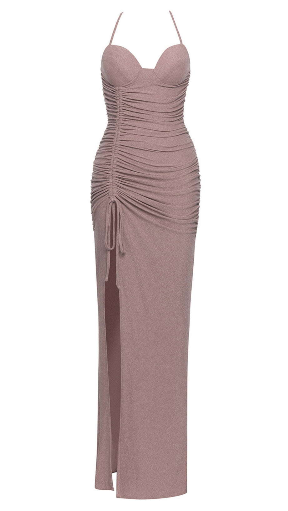 RUCHED HALTER NECK SIDE - SLIT MAXI DRESS IN BLUSH