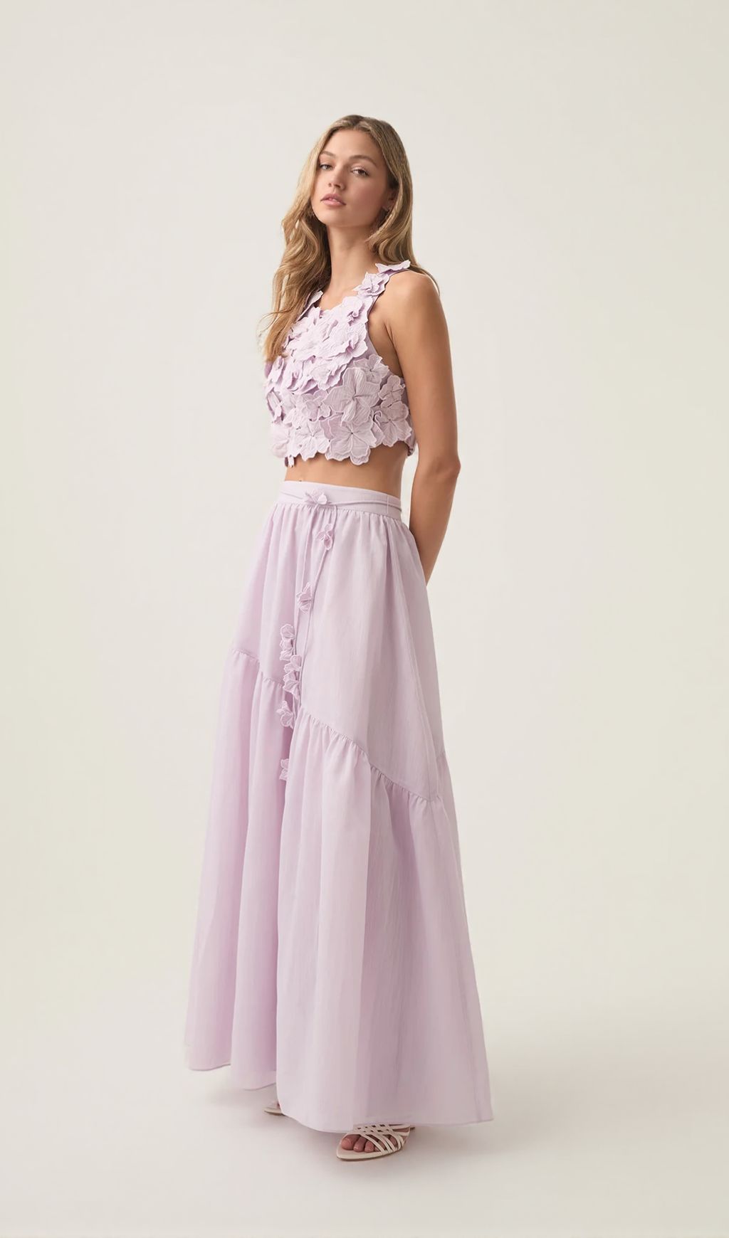 AIIZIE ASHLEY FLOWER SHELL TOP MAXI SKIRT SET IN PURPLE - product image