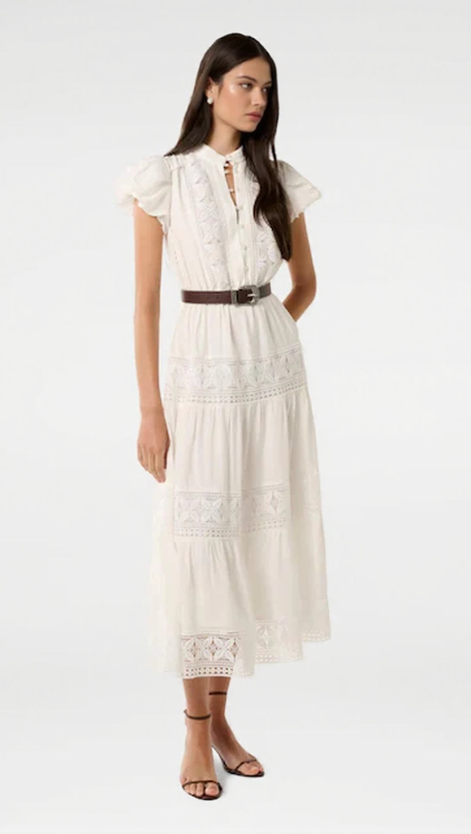WHITE ADELAIDE LACE BELTED TRIM MIDI DRESS