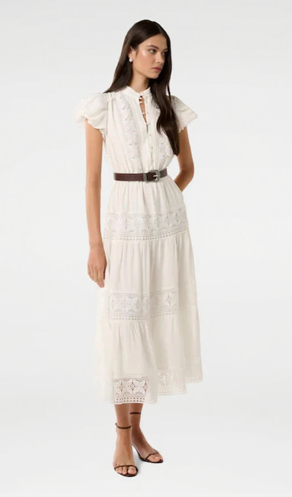 WHITE ADELAIDE LACE BELTED TRIM MIDI DRESS