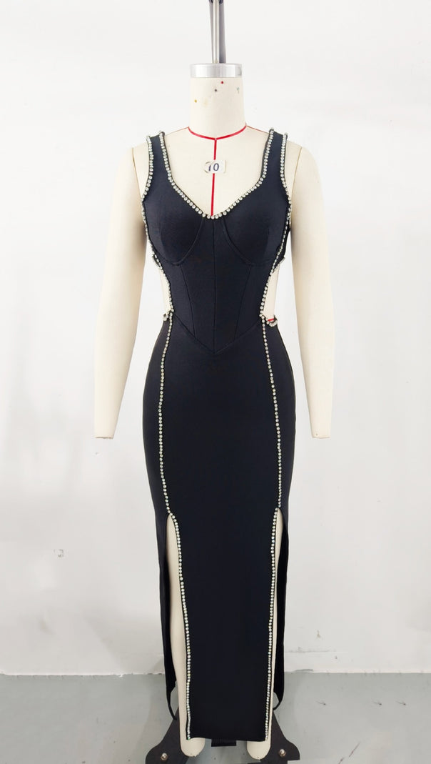AIIZIE RHINESTONE - TRIMMED V - NECK SIDE - SLIT MAXI DRESS IN BLACK - product image
