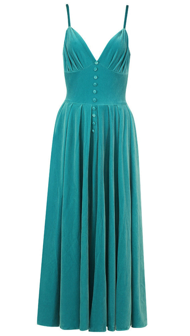 AIIZIE VELVET BUTTON - FRONT SPAGHETTI STRAP MAXI DRESS IN TEAL - product image