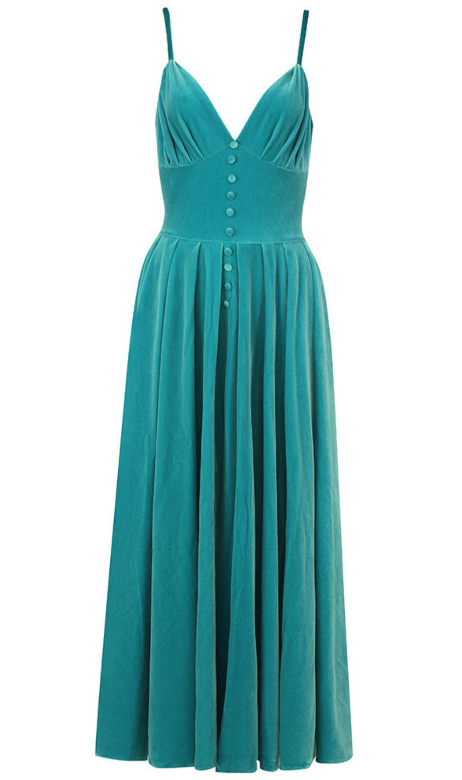 Velvet Button - Front Spaghetti Strap Maxi Dress in Teal