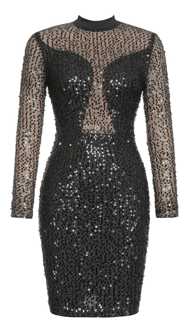 AIIZIE SEQUIN MESH HIGH - NECK MINI DRESS IN BLACK - product image