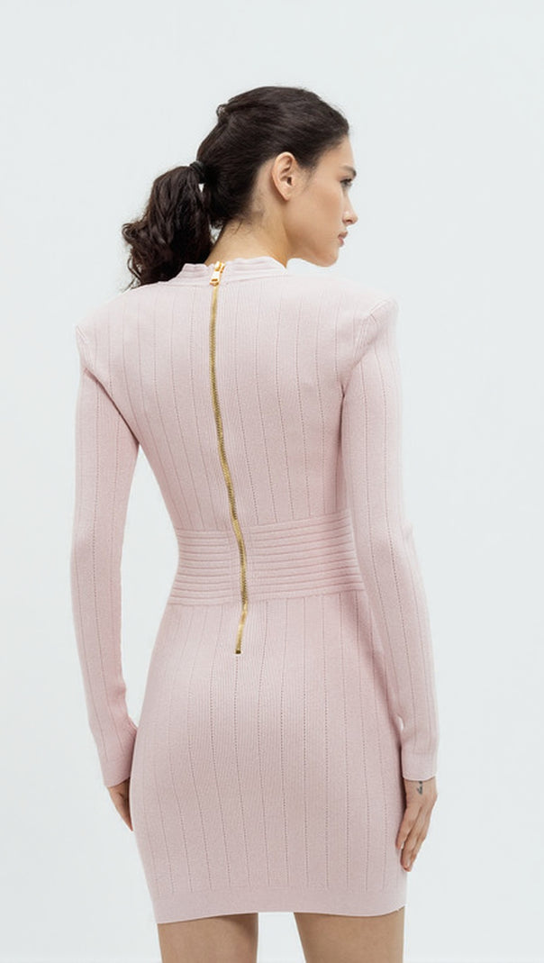 AIIZIE V-NECK METAL BUTTON KNITTED MINI DRESS IN PINK - product image