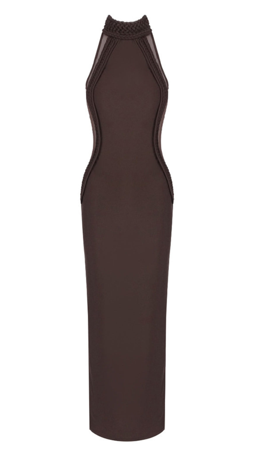 Halter Neck Mesh Paneled Maxi Dress in Brown