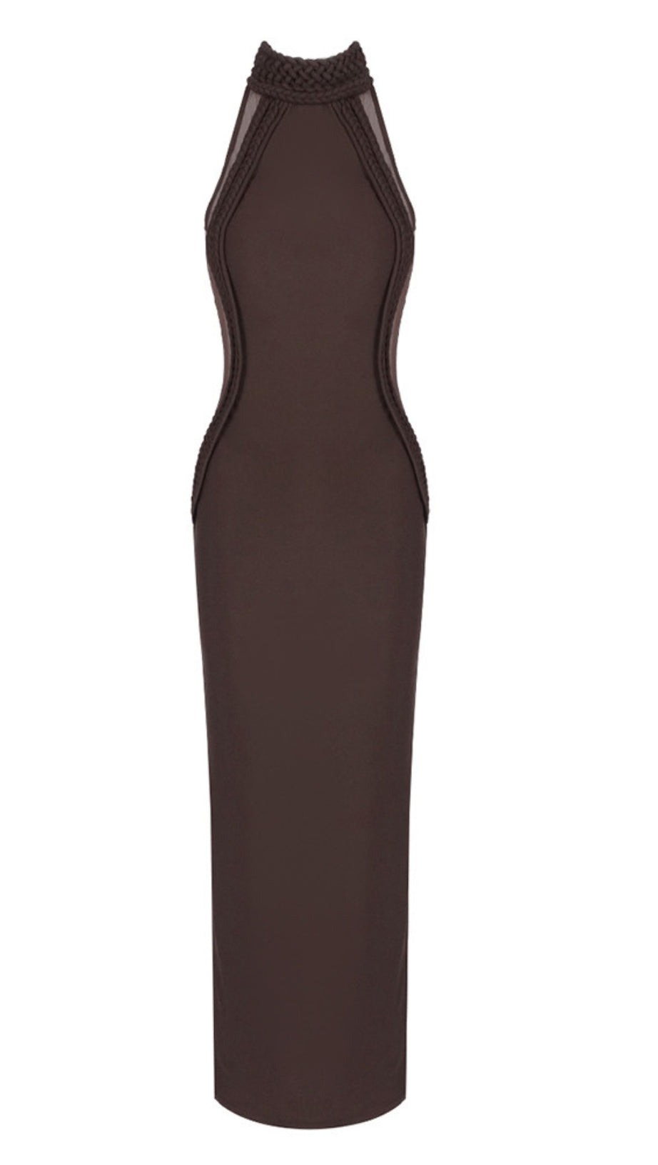HALTER NECK MESH PANELED MAXI DRESS IN BROWN