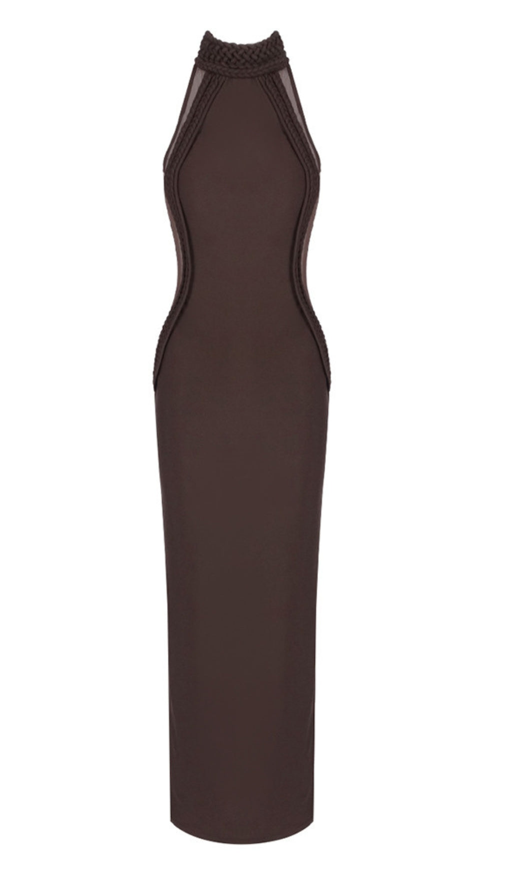 HALTER NECK MESH PANELED MAXI DRESS IN BROWN