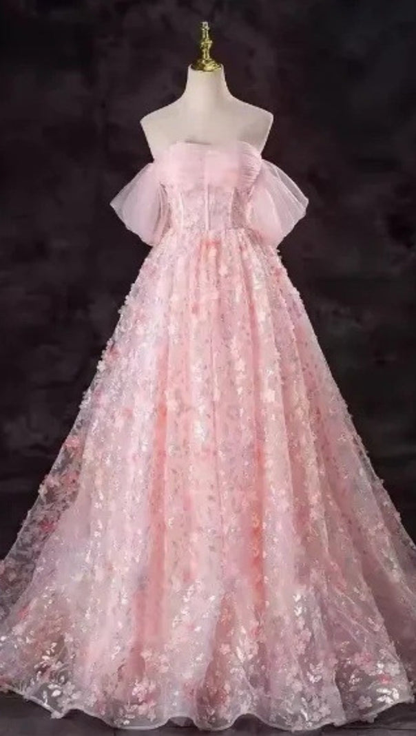 AIIZIE PINK OFF SHOULDER 3D FLOWER TULLE BALL GOWN PRINCESS MAXI DRESS - product image