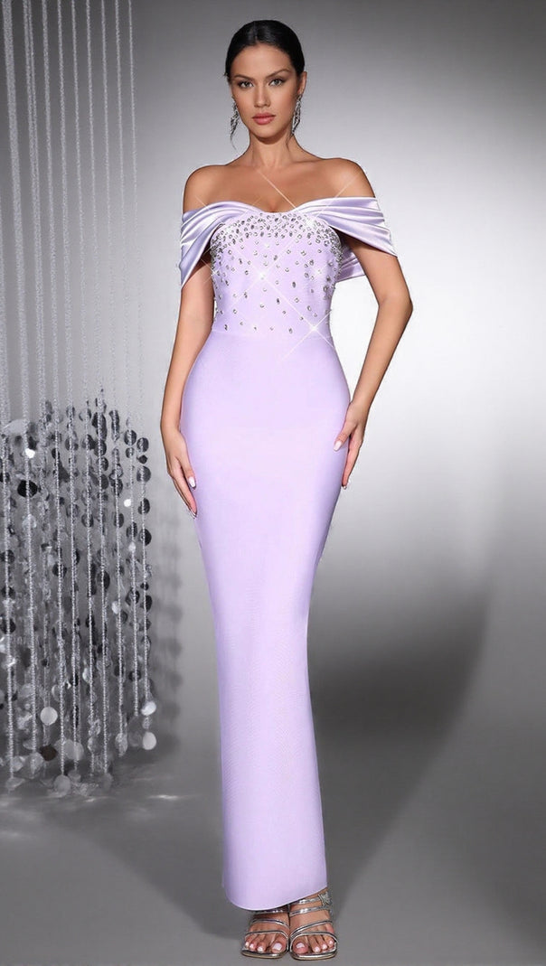 AIIZIE BELEN DIAMOND OFF-SHOULDER BODYCON MAXI BANDAGE DRESS IN PALE PURPLE - product image