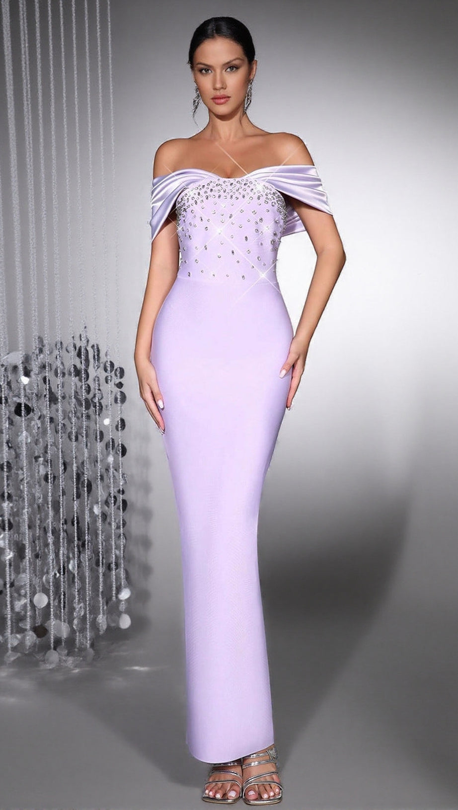BELEN DIAMOND OFF-SHOULDER BODYCON MAXI BANDAGE DRESS IN PALE PURPLE