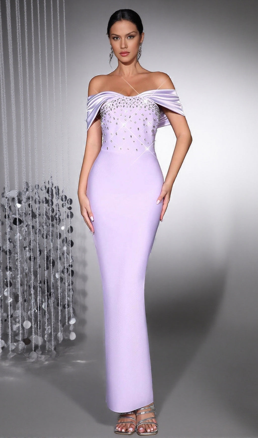 BELEN DIAMOND OFF-SHOULDER BODYCON MAXI BANDAGE DRESS IN PALE PURPLE