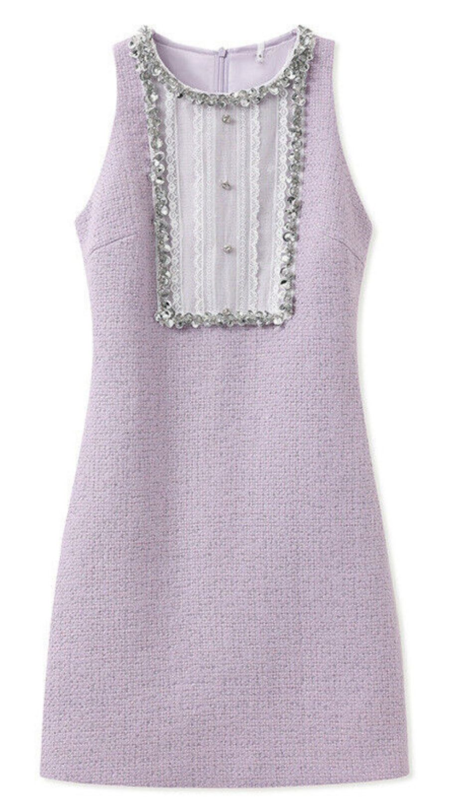 Mini abito testurizzato con decorazioni in pizzo e paillettes in viola