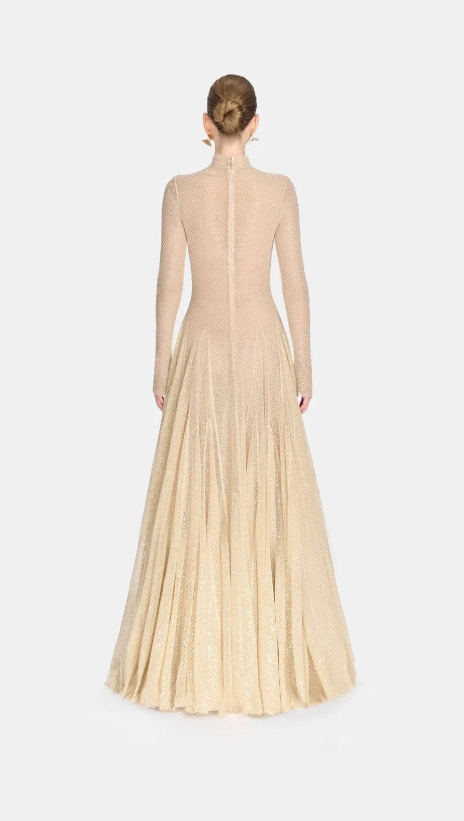 ANILA BEIGE MESH LONG SLEEVE SLIM MAXI DRESS