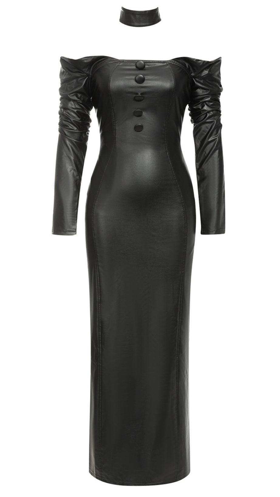 FAUX LEATHER OFF - SHOULDER BUTTONED MAXI DRESS IN BLACK
