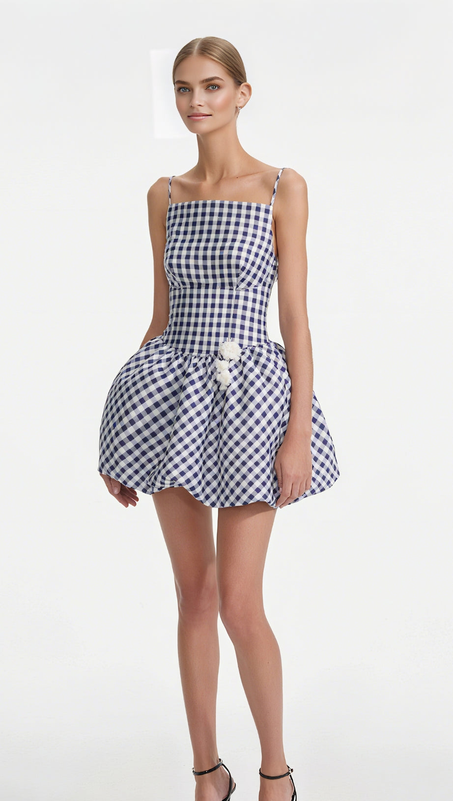 NAVY GINGHAM TAFFETA MINI DRESS