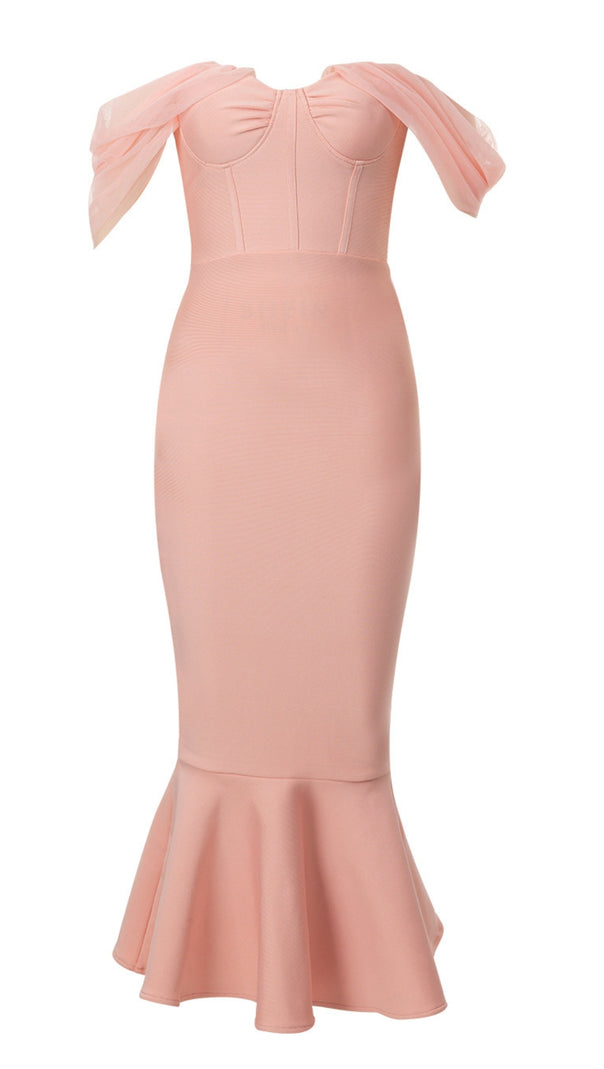 AIIZIE OFF - SHOULDER ORGANZA - SLEEVE MERMAID MIDI DRESS IN PINK - product image