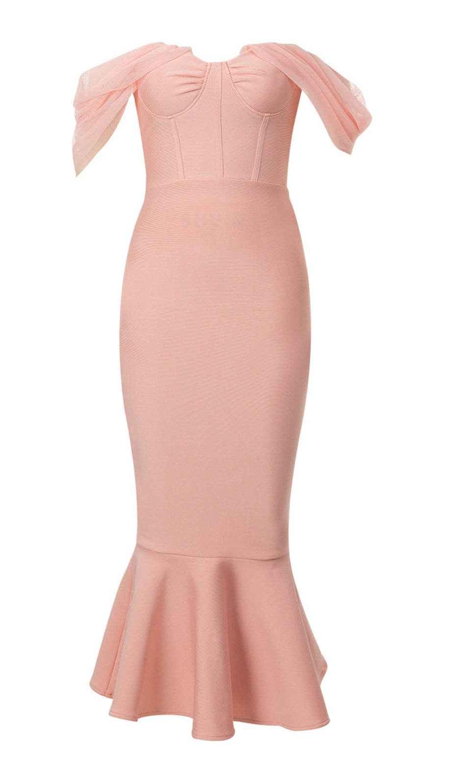 Abito midi a sirena con maniche a sbuffo e spalle scoperte in organza rosa