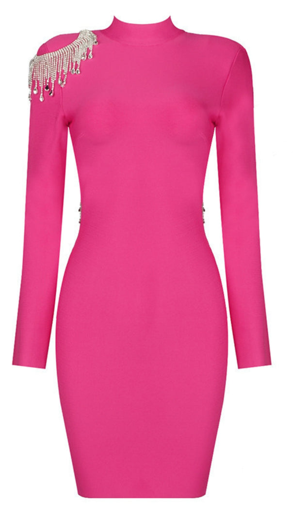AIIZIE PINK LONG - SLEEVED BACKLESS BEADED BANDAGE MINI DRESS - product image