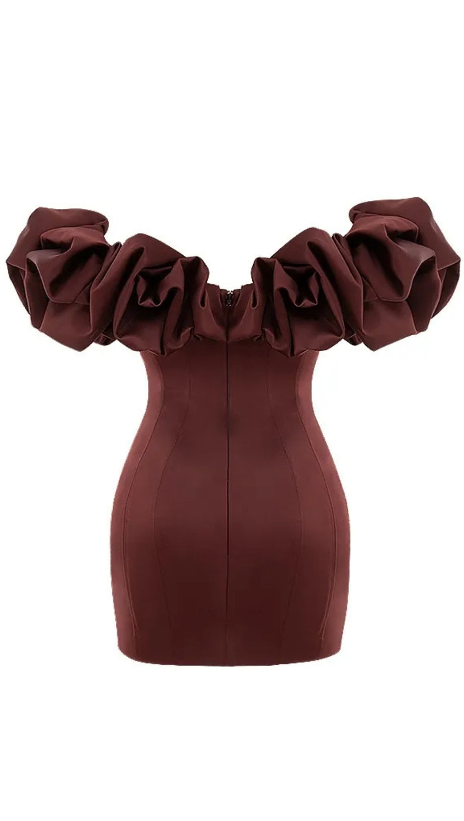 BURGUNDY SATIN RUFFLE STRAPLESS MINI DRESS