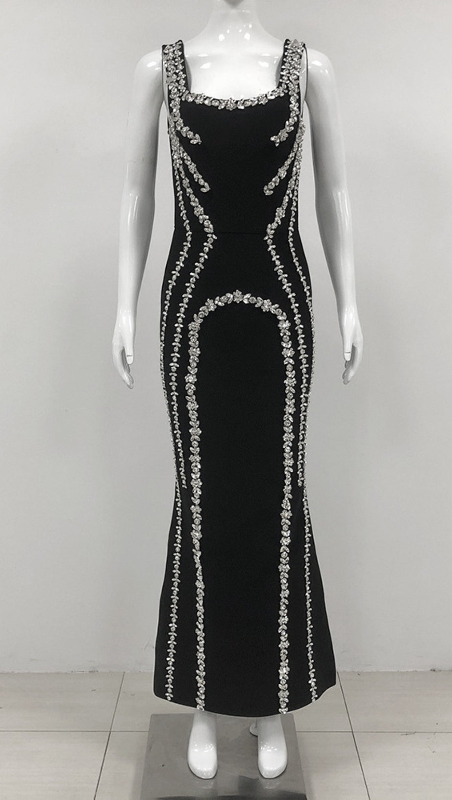 RHINESTONE - EMBELLISHED SQUARE - NECK MERMAID MAXI DRESS IN BLACK