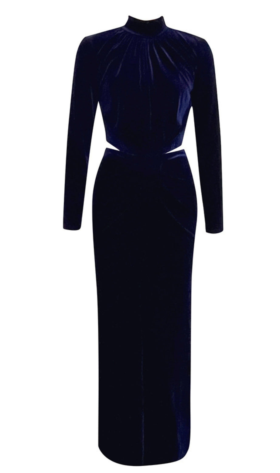 Abito lungo con scollo alto e scollo a V in velluto blu navy