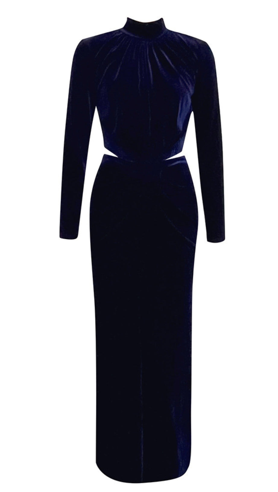 VELVET CUTOUT HIGH - NECK MAXI DRESS IN NAVY BLUE