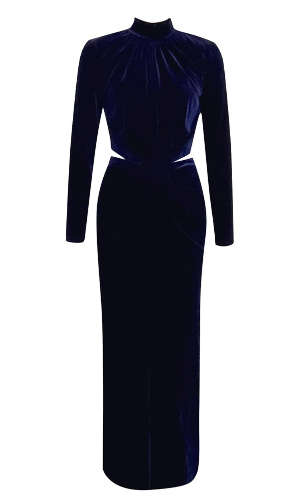 VELVET CUTOUT HIGH - NECK MAXI DRESS IN NAVY BLUE