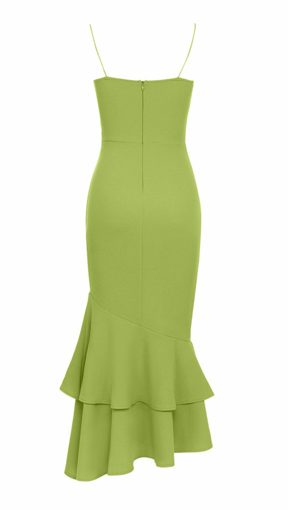 STRAPLESS RUFFLED MERMAID MIDI DRESS IN GREEN