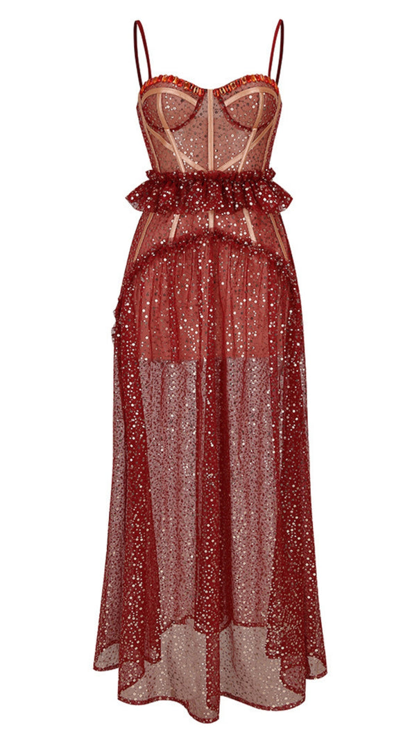 AIIZIE RED SHEER SEQUINED CORSET - STYLE MIDI DRESS - product image