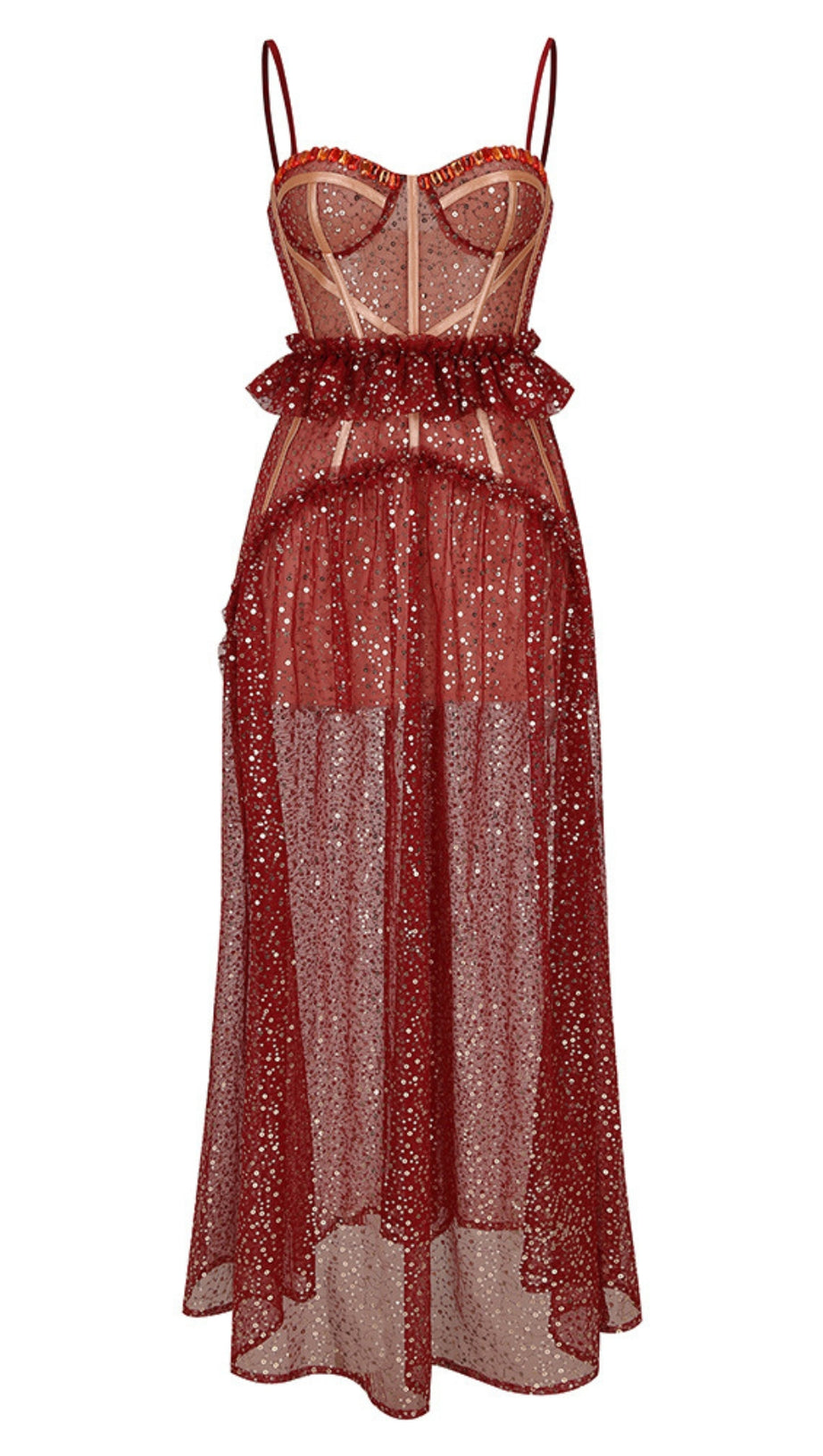 ABITO MIDI IN STILE CORSETTO CON PAILLETTES ROSSE TRASPARENTI