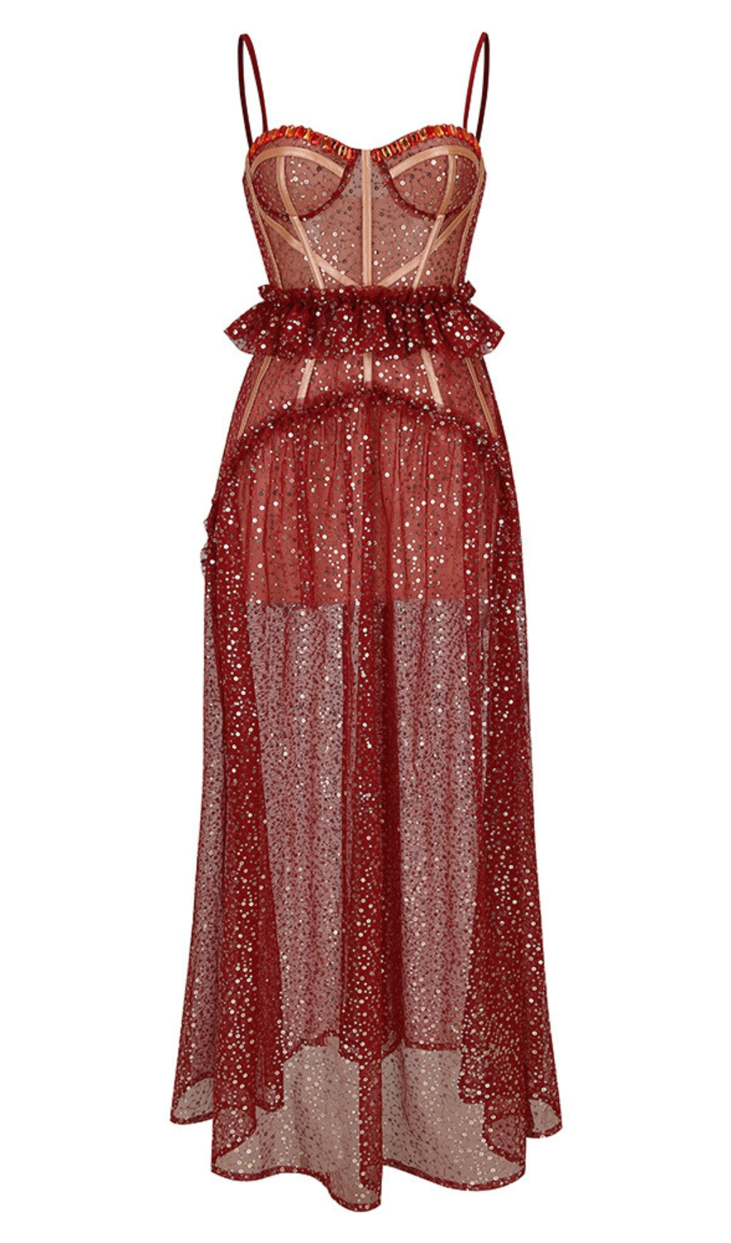 ABITO MIDI IN STILE CORSETTO CON PAILLETTES ROSSE TRASPARENTI